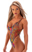 womens sexy swimwear one piece thong high cut swimsuit in sheer Neon Dali Mesh; One Piece Thong Bikini in Neon Dali Mesh, Rear View; One Piece Thong Bikini in N