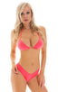 Brazilian Triangle Swim Top in Semi Sheer ThinSKINZ Neon Coral, Front View; Brazilian Triangle Swim Top in Semi Sheer ThinSKINZ Neon Coral, Rear View; Brazilian