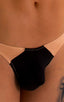 Color Blocked T Back Thong Swimsuit in Super ThinSkinz Black and Nude, Front View; Color Blocked T Back Thong Swimsuit in Super ThinSkinz Black and Nude, Rear V