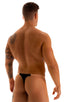 Color Blocked T Back Thong Swimsuit in Super ThinSkinz Black and Nude, Front View; Color Blocked T Back Thong Swimsuit in Super ThinSkinz Black and Nude, Rear V