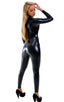 Front Zipper Catsuit-Bodysuit for Women in Gloss Black Superstretch Vinyl-Lycra, Front View; Front Zipper Catsuit-Bodysuit for Women in Gloss Black Superstretch