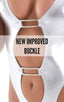 One Piece Keyhole Rio Bikini in Metallic Liquid Chrome, Front View; One Piece Keyhole Rio Bikini in Metallic Liquid Chrome, Rear View; One Piece Keyhole Rio Bik