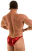 mens posing suit with fitted pouch and puckered butt bodybuilder bikini half back in metallic red; Posing Suit - Fitted Pouch - Puckered Back in Metallic Lipsti