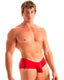 A shirtless male model wearing bright red men's briefs, photographed against a plain white studio background.