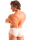 A man shown from the back wearing white briefs, photographed against a plain white studio background.