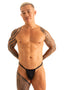 Mens Backless Swimsuit Sexy Erotic Black Swimwear Person with intricate tribal tattoos on a white background Man with tribal arm tattoos wearing a black thong against a white background