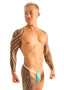 Mens Backless Swimsuit Sexy Erotic Swimwear Mint Man with tattoos wearing turquoise underwear on a white background