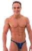mens micro pouch thong back sexy swimsuit in swimwear fabric Blue Lightning; Stuffit Pouch Thong Back Swimsuit in Blue Lightning, Rear View; Special Order Notic