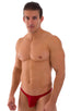 Stuffit Pouch Thong Back Swimsuit in Semi Sheer ThinSKINZ Lipstick Red, Front View; Stuffit Pouch Thong Back Swimsuit in Semi Sheer ThinSKINZ Lipstick Red, Rear