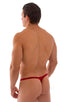 Stuffit Pouch Thong Back Swimsuit in Semi Sheer ThinSKINZ Lipstick Red, Front View; Stuffit Pouch Thong Back Swimsuit in Semi Sheer ThinSKINZ Lipstick Red, Rear
