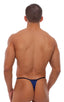 Banded Thong Bathing Suit in Dark Navy Blue and Wet Look Black Banding, Front View; Banded Thong Bathing Suit in Dark Navy Blue and Wet Look Black Banding, Rear
