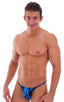 mens smooth pouch string side t back thong sexy swimsuit bikini in Lazer Blue Lightning; Smooth Pouch Skinny Sides Swim Thong in Lazer Blue Lightning, Rear View