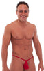 Teardrop G String Swim Suit in Semi Sheer ThinSkinz Red, Front View; Teardrop G String Swim Suit in Semi Sheer ThinSkinz Red, Rear View; Teardrop G String Swim 