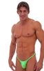 mens micro g string sexy swimsuit bikini in swimwear fabric Neon Lime; Stuffit Pouch G String Swimsuit in Neon Lime, Rear View; Gold Tri-Ring connector; Special