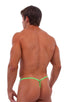 mens micro g string sexy swimsuit bikini in swimwear fabric Neon Lime; Stuffit Pouch G String Swimsuit in Neon Lime, Rear View; Gold Tri-Ring connector; Special
