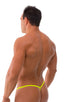 mens micro g string sexy swimsuit bikini in Chartreuse, Front View; Stuffit Pouch G String Swimsuit in Chartreuse, Rear View; Gold Tri-Ring connector; Special O