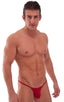mens micro bikini swimsuit with tiny puckered butt in Semi Sheer ThinSkinz Red; Micro Pouch - Puckered Back - Rio Bikini in Semi Sheer ThinSkinz Red, Rear View;