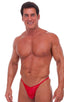 Skinny Side Half Back Swim Suit in Wet Look Lipstick Red, Front View; Skinny Side Half Back Swim Suit in Wet Look Lipstick Red, Rear View; Special Order Notice;