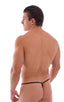 Crixus G String Swim Suit in Wet Look Black, Front View; Crixus G String Swim Suit in Wet Look Black, Rear View; Silver Tri-Ring connector; Special Order Notice
