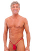mens micro g string thong swimsuit bikini in sheer red; G String Swimsuit - Adjustable Pouch in ThinSkinz Semi Sheer Red, Rear View; Gold Tri-Ring connector; Sp