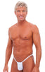 mens micro g string thong swimsuit bikini in sheer white powernet; G String Swimsuit - Adjustable Pouch in White Power, Rear View; Silver Tri-Ring connector; Sp