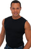 Sleeveless Lycra Muscle Tee in Black Cotton-Lycra, Front View; Special Order Notice; Sleeveless Lycra Muscle Tee in Black Cotton-Lycra Fabric