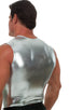 Sleeveless Lycra Muscle Tee in Metallic Liquid Silver, Front View; Sleeveless Lycra Muscle Tee in Metallic Liquid Silver, Rear Alternative; Special Order Notice