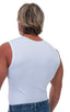 Sleeveless Lycra Muscle Tee in White, Front View; Sleeveless Lycra Muscle Tee in White, Rear View; Special Order Notice; Sleeveless Lycra Muscle Tee in White Fa