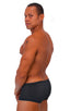 mens swimwear square cut boxer style swimsuit in Semi SHEER Black PoweNet; Extreme Low Square Cut Swim Trunks in Semi SHEER Black PoweNet nylon/lycra, Rear View