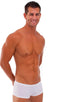 mens swimwear square cut boxer style swimsuit in Semi Sheer PowerNet White; Extreme Low Square Cut Swim Trunks in PowerNet White, Rear View; Special Order Notic