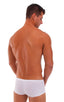 mens swimwear square cut boxer style swimsuit in Semi Sheer PowerNet White; Extreme Low Square Cut Swim Trunks in PowerNet White, Rear View; Special Order Notic