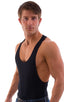 String Tank Gym Tee in Black cotton-lycra, Front View; String Tank Gym Tee in Black cotton-lycra, Rear View; Special Order Notice; String Tank Gym Tee in Black 