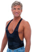 String Tank Gym Tee in M-Tex Wet Look Black nylon/lycra, Front View; String Tank Gym Tee in M-Tex Wet Look Black nylon/lycra, Rear View; Special Order Notice; S