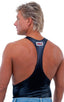 String Tank Gym Tee in M-Tex Wet Look Black nylon/lycra, Front View; String Tank Gym Tee in M-Tex Wet Look Black nylon/lycra, Rear View; Special Order Notice; S