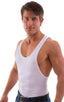 String Tank Gym Tee in Optic White heavyweight nylon-lycra, Front View; String Tank Gym Tee in Optic White heavyweight nylon-lycra, Rear View; Special Order Not