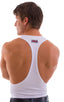 String Tank Gym Tee in Optic White heavyweight nylon-lycra, Front View; String Tank Gym Tee in Optic White heavyweight nylon-lycra, Rear View; Special Order Not