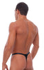 Male Review Stripper Swim Thong in Gloss Black Vinyl, Front View; Male Review Stripper Swim Thong in Gloss Black Vinyl, Rear View; Male Review Stripper Swim Tho