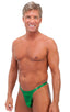 Male Review Stripper Swim Thong in Metallic Mystique Kelly/Kelly, Front View; Male Review Stripper Swim Thong in Metallic Mystique Kelly/Kelly, Rear View; Gold 