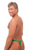 Male Review Stripper Swim Thong in Metallic Mystique Kelly/Kelly, Front View; Male Review Stripper Swim Thong in Metallic Mystique Kelly/Kelly, Rear View; Gold 