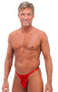 Male Review Stripper Swim Thong in Metallic Mystique Volcano Red, Front View; Male Review Stripper Swim Thong in Metallic Mystique Volcano Red, Rear View; Gold 