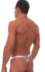 Male Review Stripper Swim Thong in Liquid Silver, Front View; Male Review Stripper Swim Thong in Liquid Silver, Rear View; Silver Hook connector; Special Order 