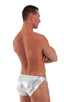 Swimsuit Cover Up Split Running Shorts in Liquid Silver, Front View; Swimsuit Cover Up Split Running Shorts in Liquid Silver, Rear View; Swimsuit Cover Up Split