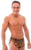 Swimsuit Cover Up Split Running Shorts in Tiger Stretch mesh, Front View; Swimsuit Cover Up Split Running Shorts in Tiger Stretch mesh, Rear View; Swimsuit Cove