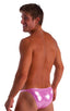 Fitted Bikini Bathing Suit in Metallic Mystique Bubblegum Pink, Front View; Fitted Bikini Bathing Suit in Metallic Mystique Bubblegum Pink, Rear View; Fitted Bi