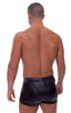 Fitted Pouch - Square Cut - Watersports Swim Trunks in Wet Look Black, Front View; Fitted Pouch - Square Cut - Watersports Swim Trunks in Wet Look Black, Rear V