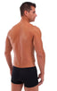 Square Cut Seamless Swim Trunks in Black Powernet, Front View; Square Cut Seamless Swim Trunks in Black Powernet, Rear View; Square Cut Seamless Swim Trunks in 