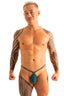 Men's teardrop y-back G-string underwear in pine green. Soft polyester spandex fabric with contoured pouch, minimal coverage, and supportive low rise design. Contoured pouch minimal coverage