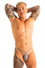 Men's teardrop y-back G-string underwear in pine green. Soft polyester spandex fabric with contoured pouch, minimal coverage, and supportive low rise design. Contoured pouch minimal coverage