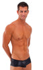 Pouch Enhanced Micro Square Cut Swim Trunks in Wet Look Black, Front View; Pouch Enhanced Micro Square Cut Swim Trunks in Wet Look Black, Rear View; Special Ord