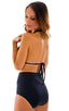 Womens Shaped Triangle Swimsuit Comfort Ties Top in Black, Front View; Womens Shaped Triangle Swimsuit Comfort Ties Top in Black, Rear View; Special Order Notic